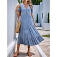 thumbnail image 2 of Womens Summer Casual Dresses Ruffle Short Sleeve V Neck Button Down Boho Beach A Line Flowy Tiered Dress Blue S, 2 of 8