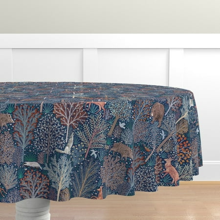 

Cotton Sateen Tablecloth 70 Round - Forest Animals Blue Rustic Fall Woodland Creatures Print Custom Table Linens by Spoonflower