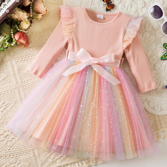 YOUYEDIAN Kids Girls Princess Dresses Fall Long Sleeve Tulle Dress Fashion Pageant Evening Gown Birthday Party Dresses Pink 5 Years