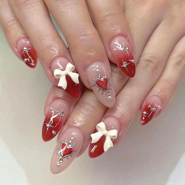 Uñas postizas BSBTBZ 24 piezas French Tip con strass y corazón rojo