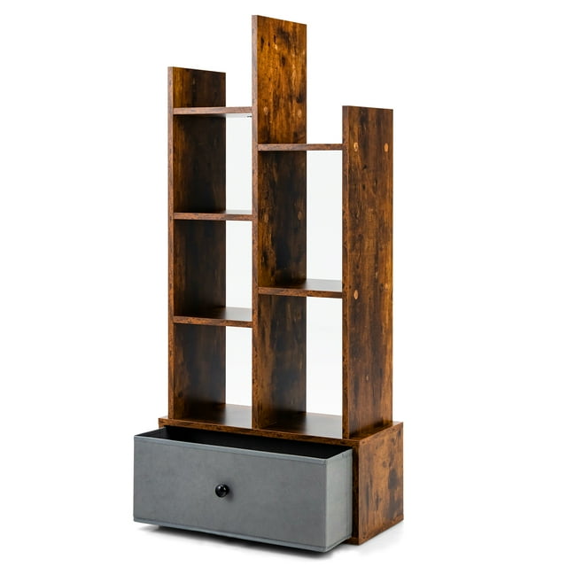 Patiojoy Tree Shaped Bookcase with Drawer Free Standing Bookshelf with 7 Open Storage Shelves Tall Display Rack with Bookshelves Brown