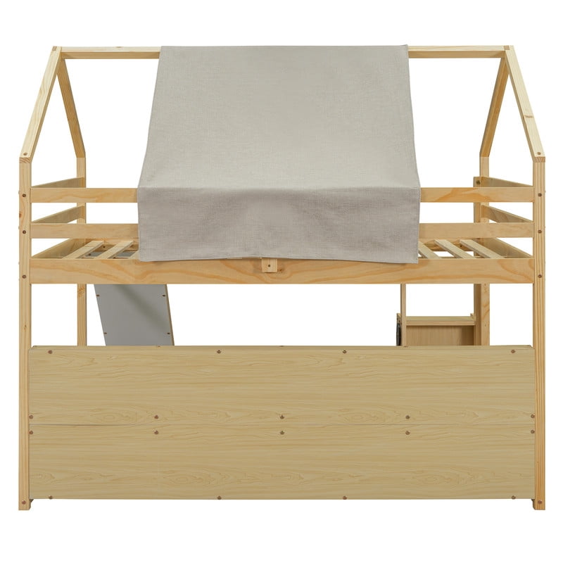 Full Size Wooden Loft Bed with Slide and Tent, House-Shaped Frame Kids Loft Bed with Ladder, Under-Bed Storage Shelves and Toy Organizer, Playhouse Bed for Bedroom