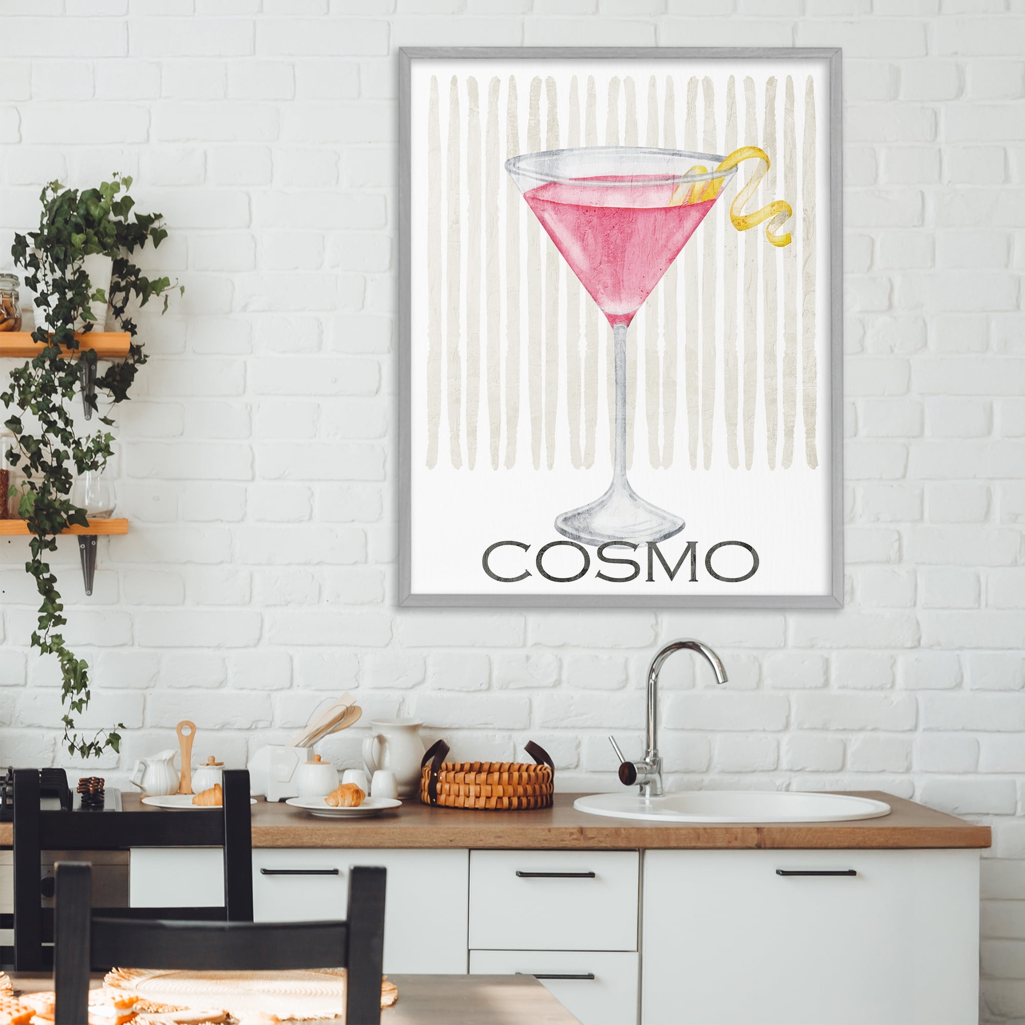 Stupell Industries Pink Cosmo on Stripes Gray Framed Giclee Art, design by Kim Allen