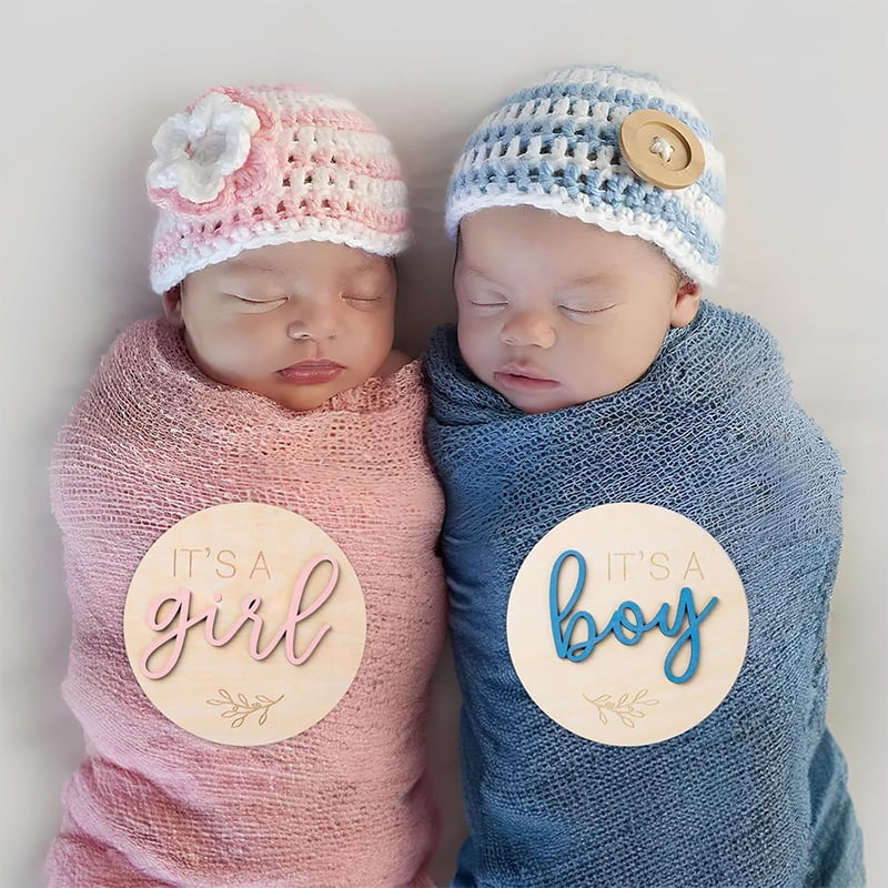 Double Sided Wooden Baby Gender Reveal Sign - "Hello I'm A Boy/Girl" Round Birth Announcement Plaque