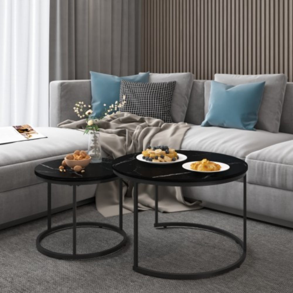 27.6" Nesting Coffee Table Set of 2, Round Wood Marble Pattern Top with Sturdy Metal Frame, Stackable End Tables for Living Room, Bedroom, Office, Black & Black