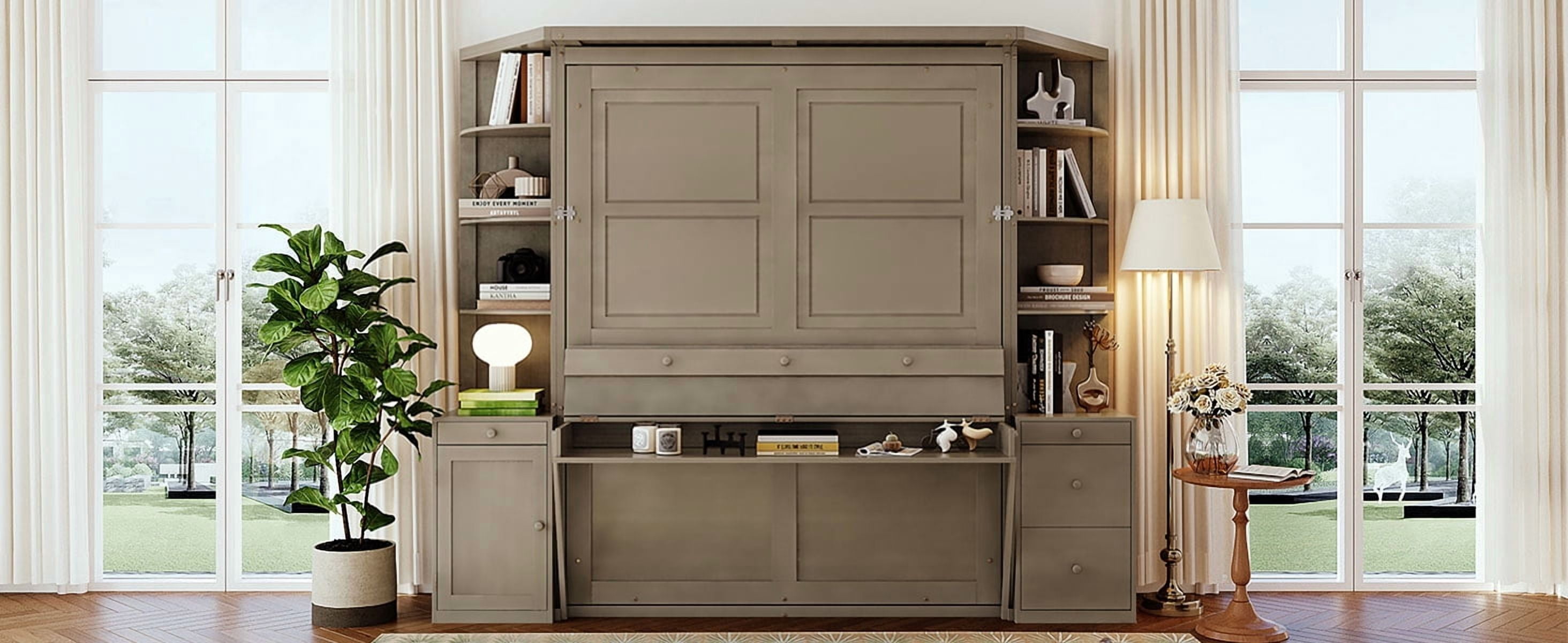 Mintazer Queen Size Murphy Bed with Desk & Side Storage, Modern Folding Cabinet Bed with Workstation & Shelves for Home Office, Gray
