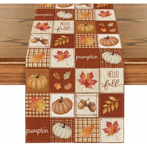 Plaid Pumpkins Maple Leaves Hello Fall Table Runner, Seasonal Autumn Kitchen Dining Table Decoration for Home Party Decor 13x72 Inch