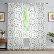 Bazaahm White Sheer Window Curtains Lattice Linen Textured Moroccan Grommet , 52"W x 95"L, Set of 2