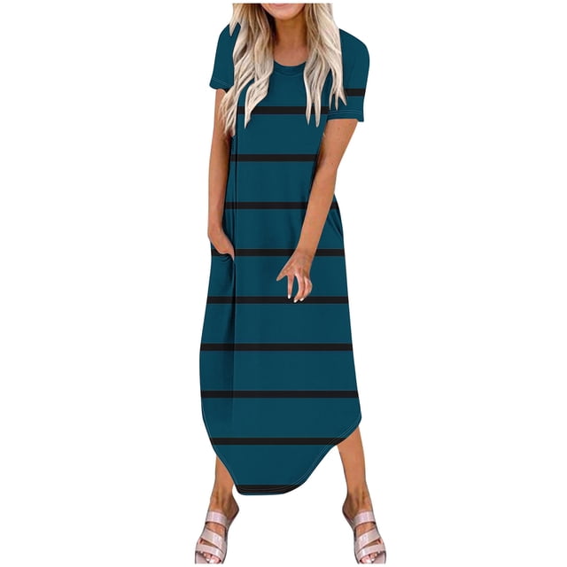 Vestidos de Verano de Mujer Casual Cuello Redondo Bolsillos de Manga Corta Impresión Vestido Largo, Vestido Ligero de Poliéster para Diario, Fiesta Y Primavera