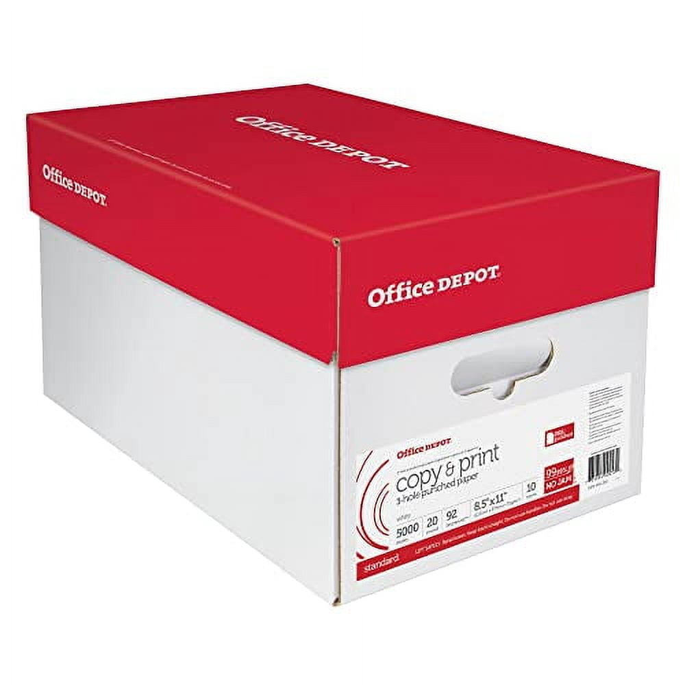 Office Depot® 3-Hole Punched Multi-Use Printer & Copy Paper, 10 Reams, White, Letter (8.5" x 11"), 5000 Sheets Per Case,