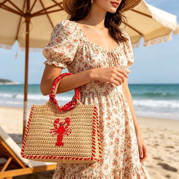 AOMRCOL Ladies Mini Straw Handbag, Natural Woven Beach Purse with Lobster Embroidery, Summer Raffia Shoulder Bag for Vacation Bohemian Beach Trip, Beach Bag