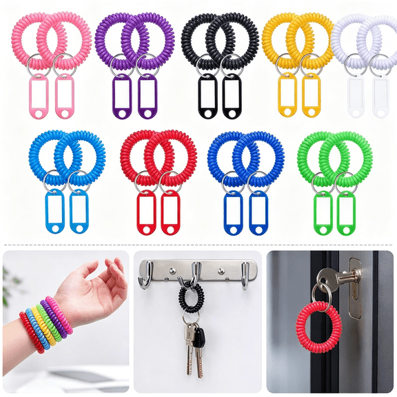 Plastic Wrist Coil Keychains with Key Tags 18-Pack Assorted Colors Stretchable Spiral Band for Gym Pool ID Badge