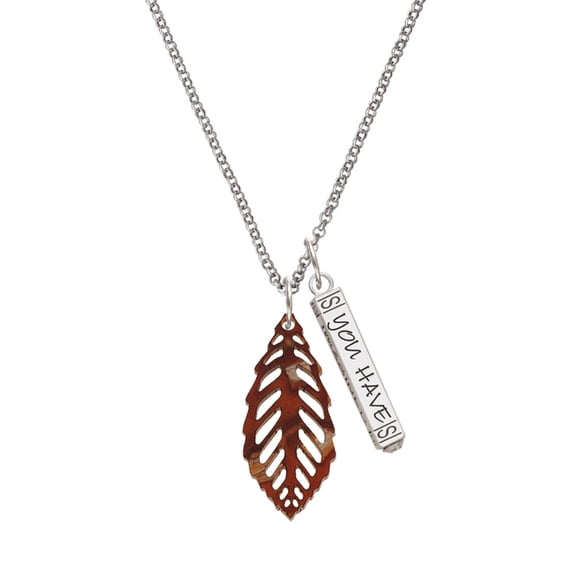 Delight Jewelry Acrylic Medium Leaf Pearly Brown Silvertone Live the Life You Have Imagined Bar Charm Necklace, 23"