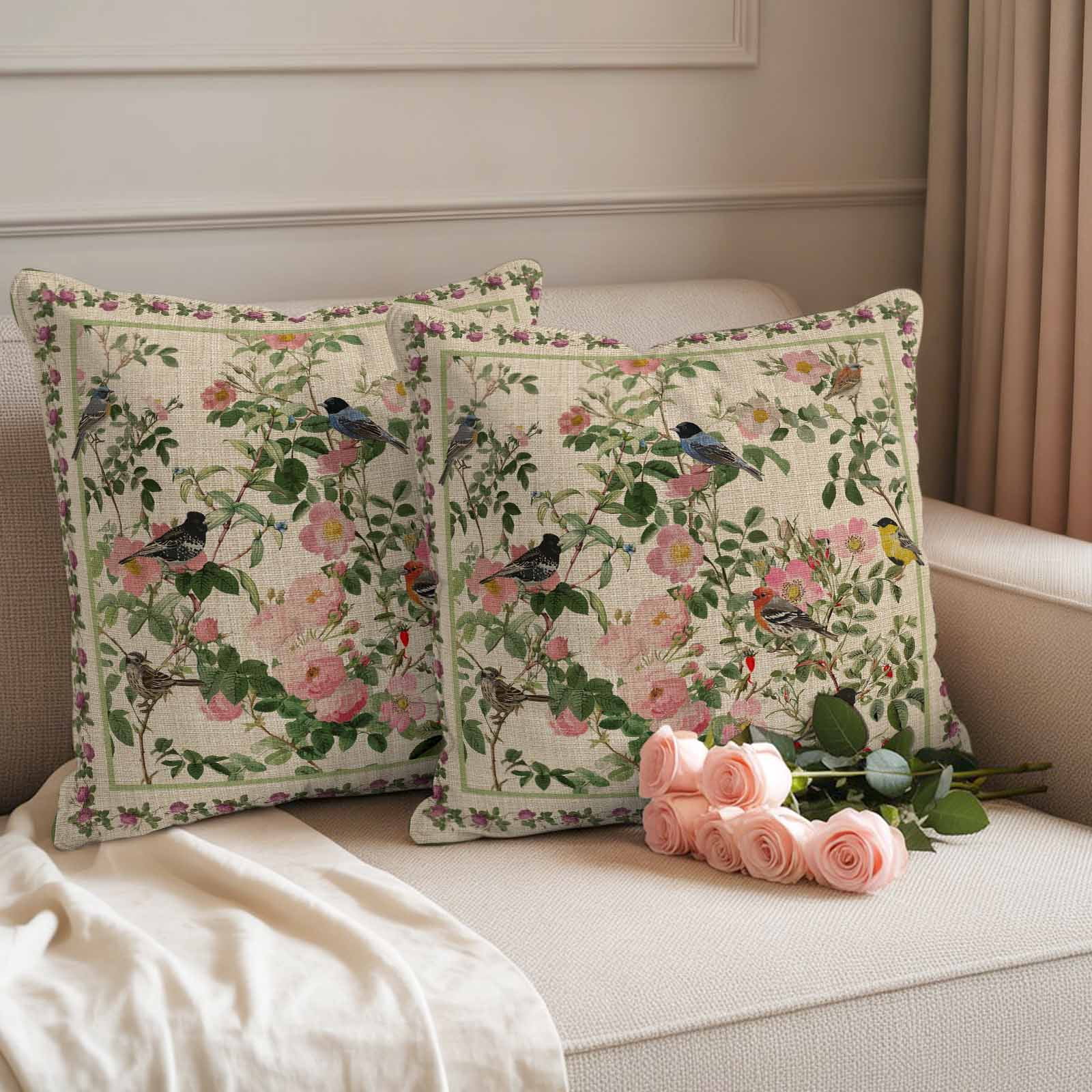 Spring Pillow Covers 2 Pack Oriental Traditional Ethnic Floral Birds Retro Linen Pillowcase Waterproof Outdoor Throw Pillow Cover for Patio Garden Square Cushion 26”x26”