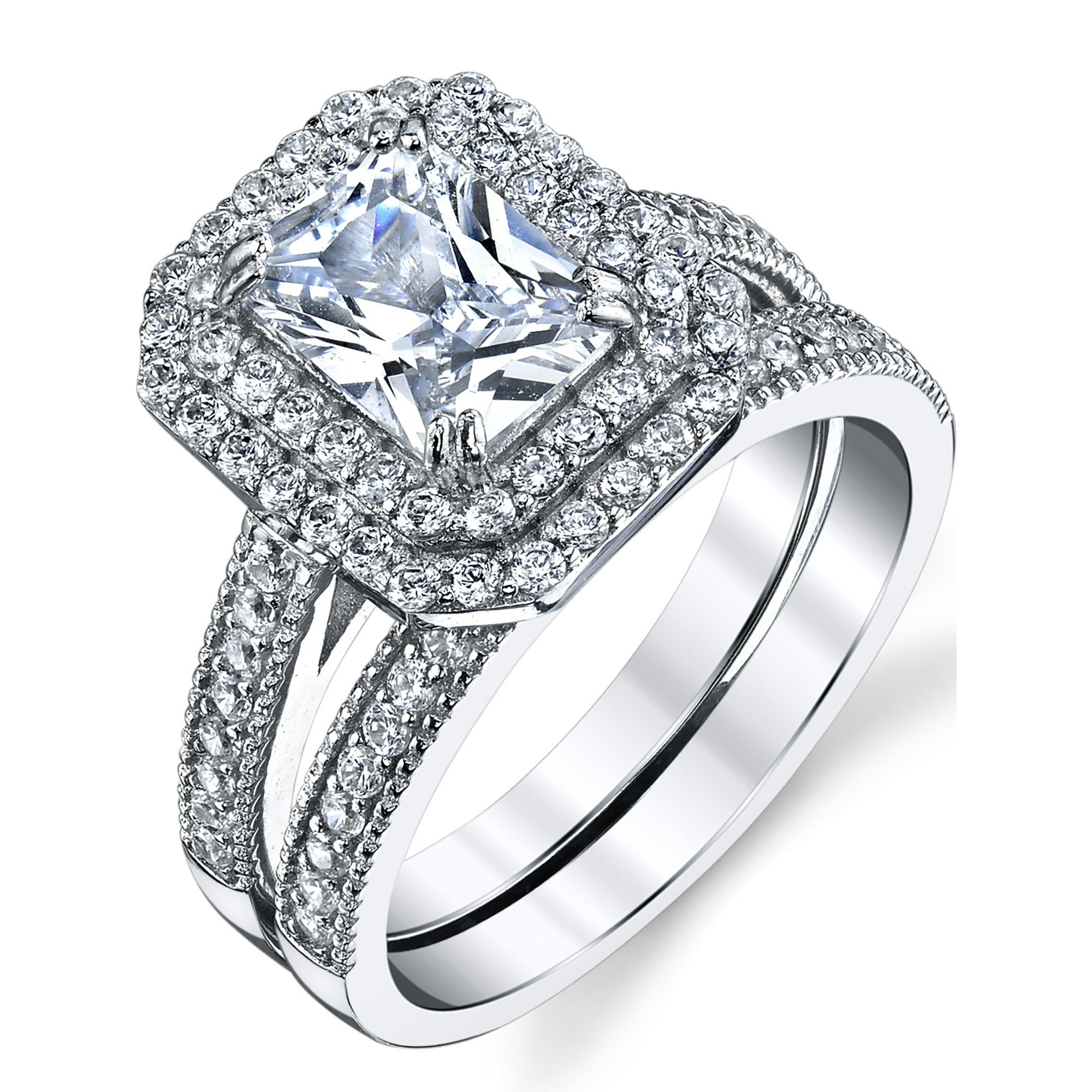 Metal Masters Co. Women s 2 Carat Emerald Cut Sterling Silver Cubic Zirconia Wedding Ring Engagement Band Bridal Set Sz 5.5 Silver