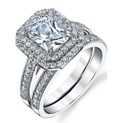 Women's 2 Carat Emerald Cut Sterling Silver Cubic Zirconia Wedding Ring Engagement Band Bridal Set