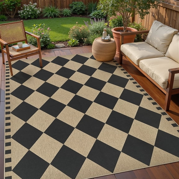 UERMEI Checkered Easy Jute 5x7 Area Rugs, Washable Rug for Living Room Diamond Indoor Outdoor Carpet, Farmhouse Geometric Non Slip Black Carpet for Backyard Dining Room