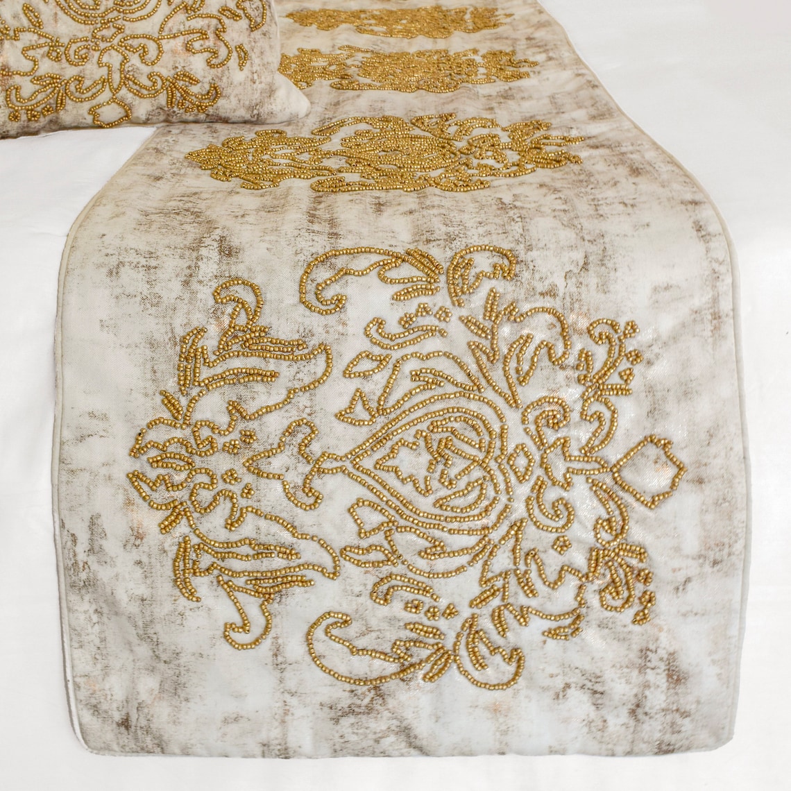 The HomeCentric King / Queen / Twin Ivory & Gold Designer Full 68"x18" Bed Runner WITHOUT Pillow Cover, Beaded & Foil Bed Scarf on Silk fabric - Foil Damask Gold