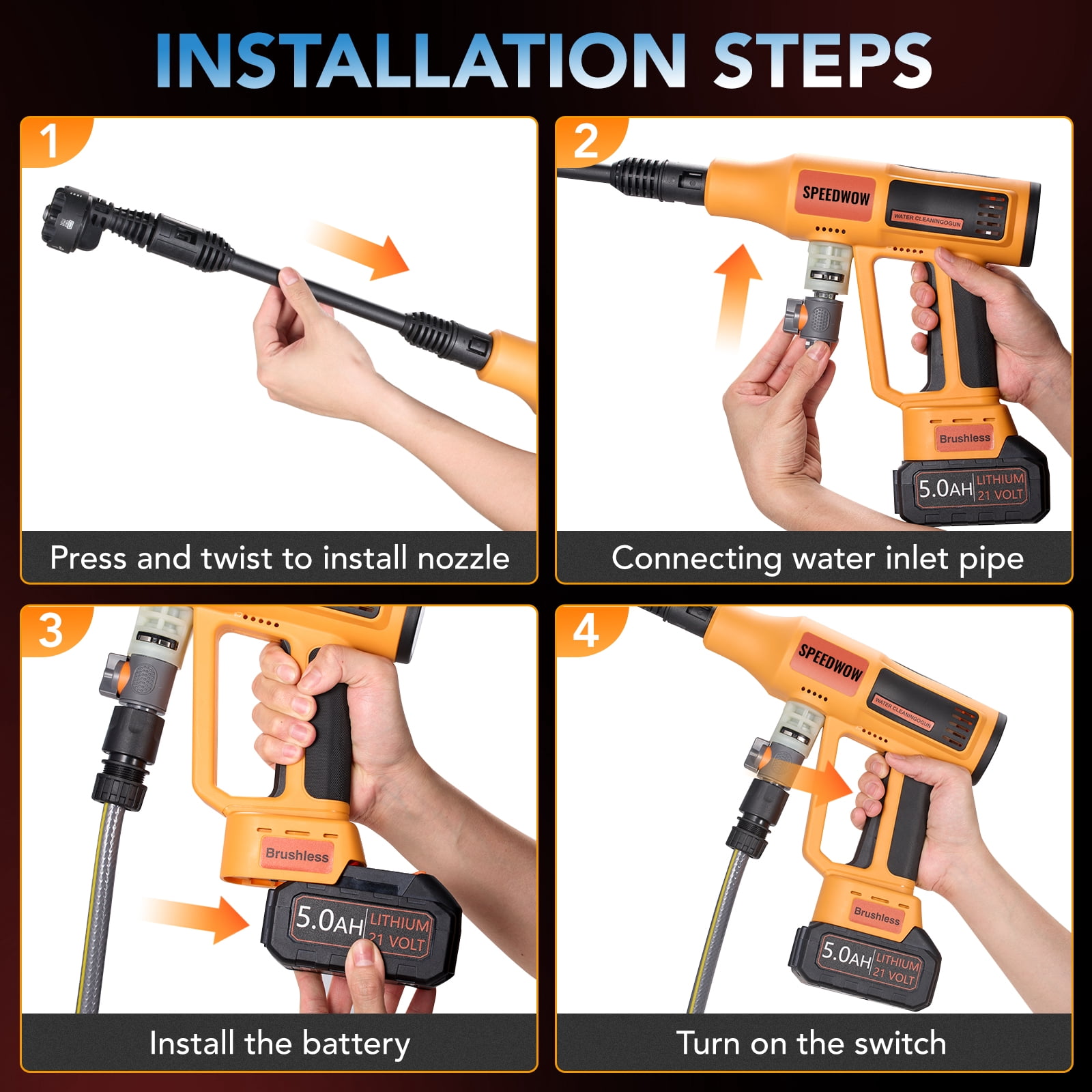 SPEEDWOW Upgraded 1060 PSI Cordless Pressure Washer, 2.8 GPM High Power Washer with Brushless Motor, 6-in-1 Adjustable Nozzle, Portable Power Cleaner for Car, RV, Railing & Yard