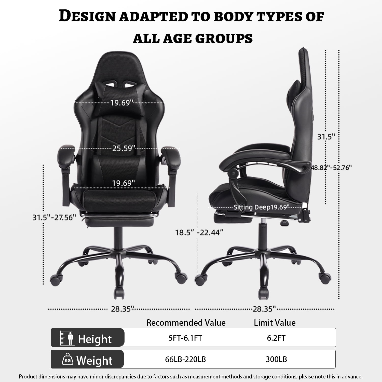 Gaming Chair, E-Sports Racing Chair, Ergonomic Computer Seat with Footrest and Massage, PU Bonded Leather, Moulded Sponge, 135-Degree Recline, 360-Degree Swivel for Office Gaming, Black