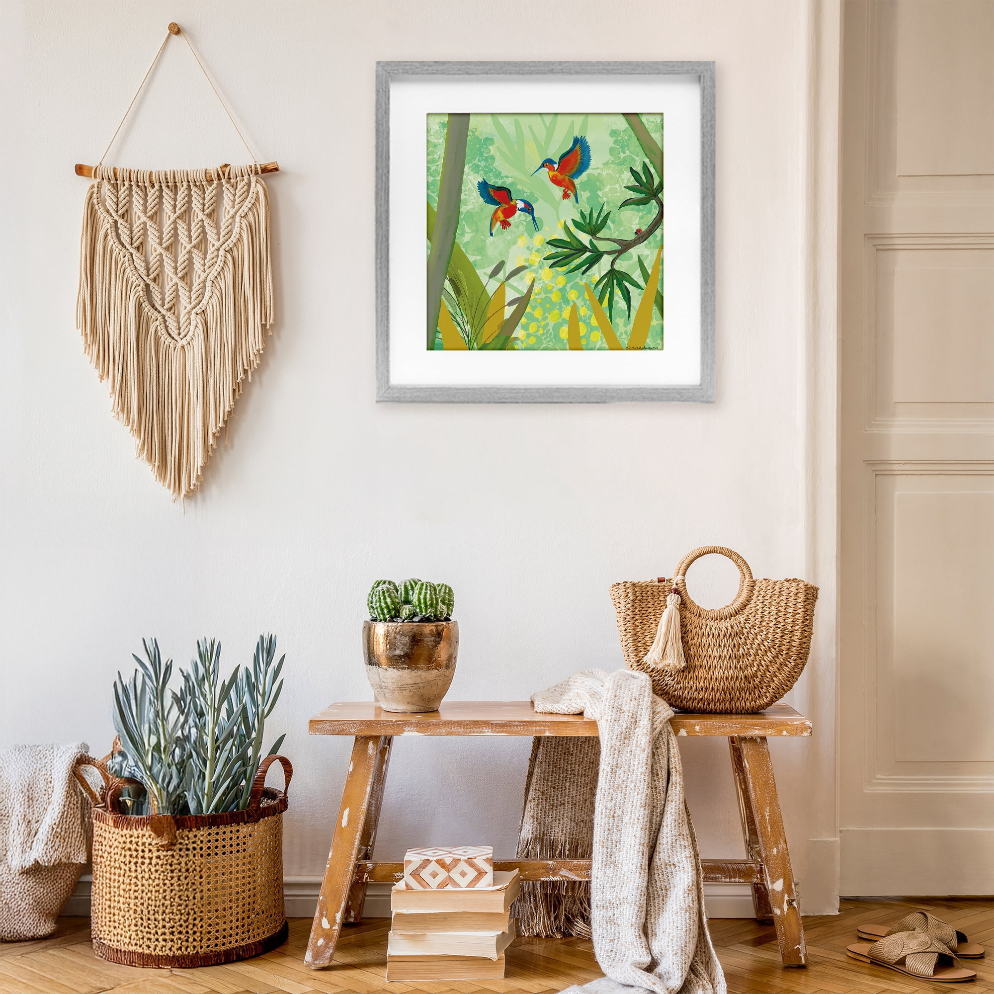 Stupell Industries Kingfishers in Jungle Branches Gray Framed Print Under Glass, design by Kay Widdowson
