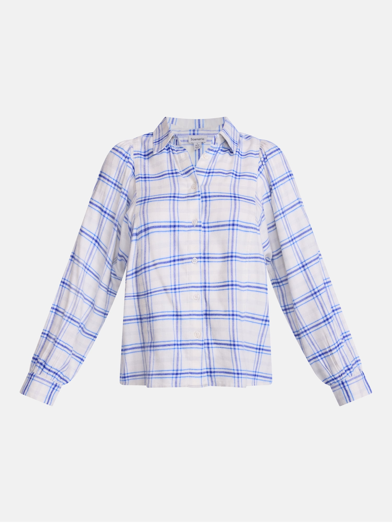 Scenario Women's Plaid Shirt with Long Puff Sleeves, Sizes XS-XXXL