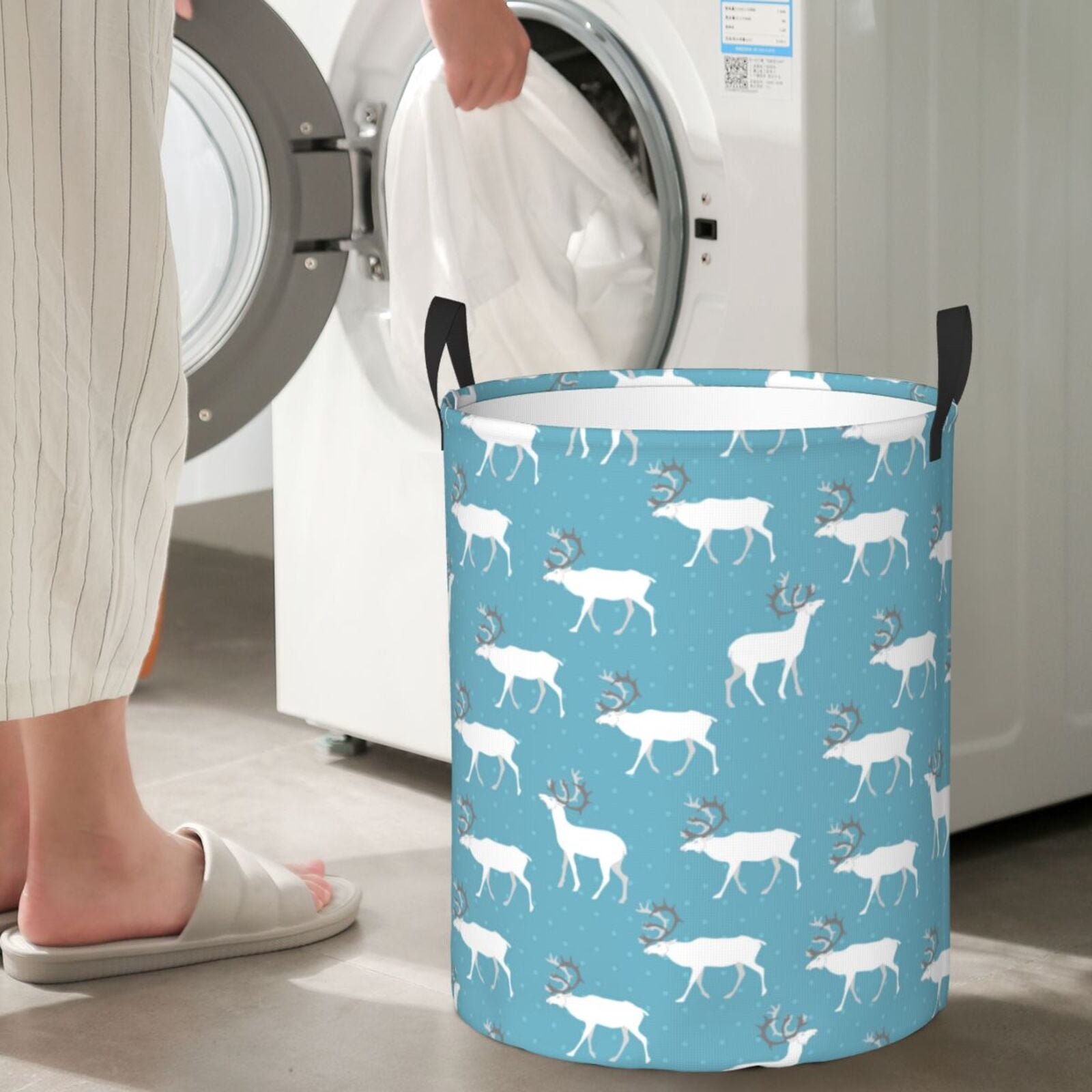 Large Laundry Basket with Handles - reindeer winter christmas blue Kids Baby Dirty Clothes Laundry Hamper for Bedroom Aesthetic