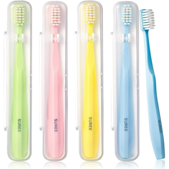Suree Extra Soft Toothbrush for Sensitive Teeth and Receding Gums, 10,000 Micro Nano Bristles, Soft Travel Toothbrush with Individual Protable Case for Adults (4 Pack, Blue, Yellow, Pink,Green)
