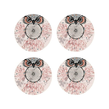 

KLL Drink Coasters Set Round Shape of 4 PU Leather Absorbent Coasters Set Decorative Coffee Cup Coasters Housewarming Gift for Home Decor-Dreamcatcher With Owl