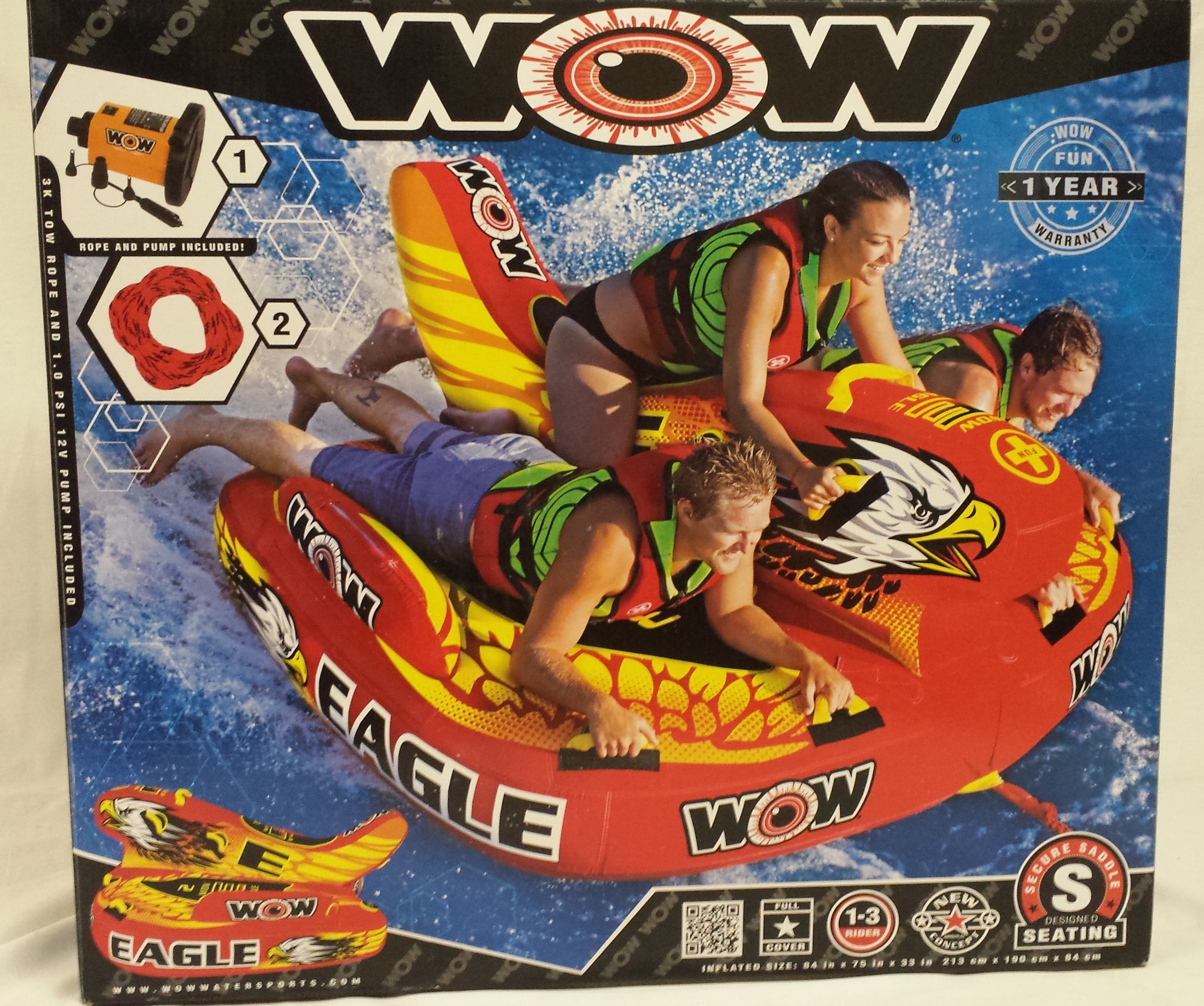 WOW Eagle Inflatable, Towable Tube Lake Water Raft with Tow Rope & Pump by WOW