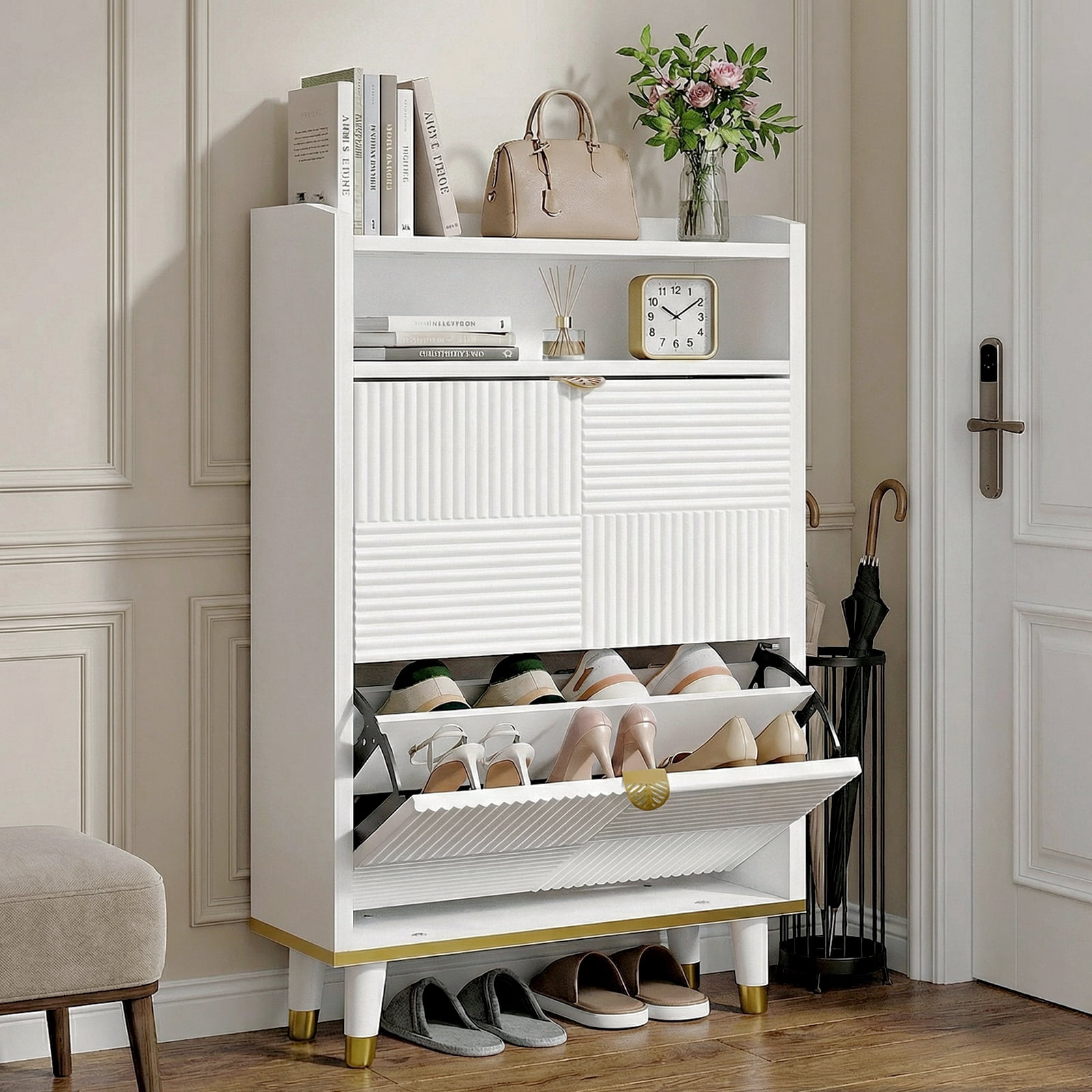 Kbun Tall Shoe Storage Cabinet with 2 Flip Drawers, Hidden Wood Shoe Cabinet for Entryway Hallway, Freestanding Narrow Slim Shoe Organizer Space Saver for Living Room, White