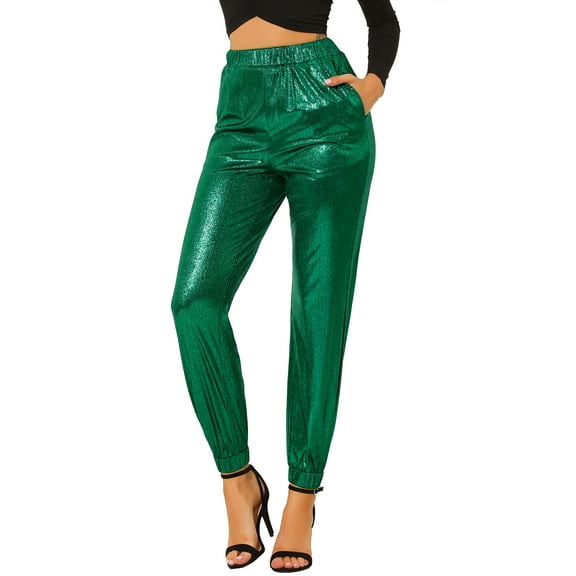 Allegra K Women's Halloween Costume Party Sparkle Shiny High Waist Metallic Jogger Pants