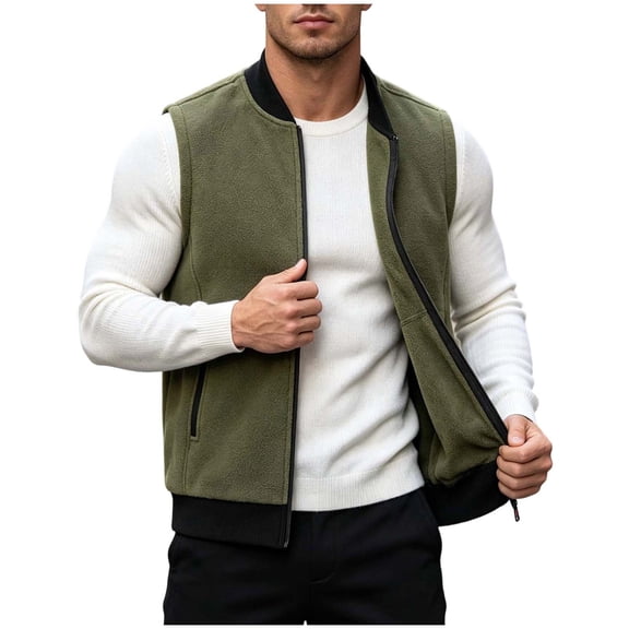 Riecok Mens Fleece Vests for Outdoors Sleeveless Stand Collar Zip up Jackets Thermal Solid Warm Casual Outerwear with Pockets Army Green XL