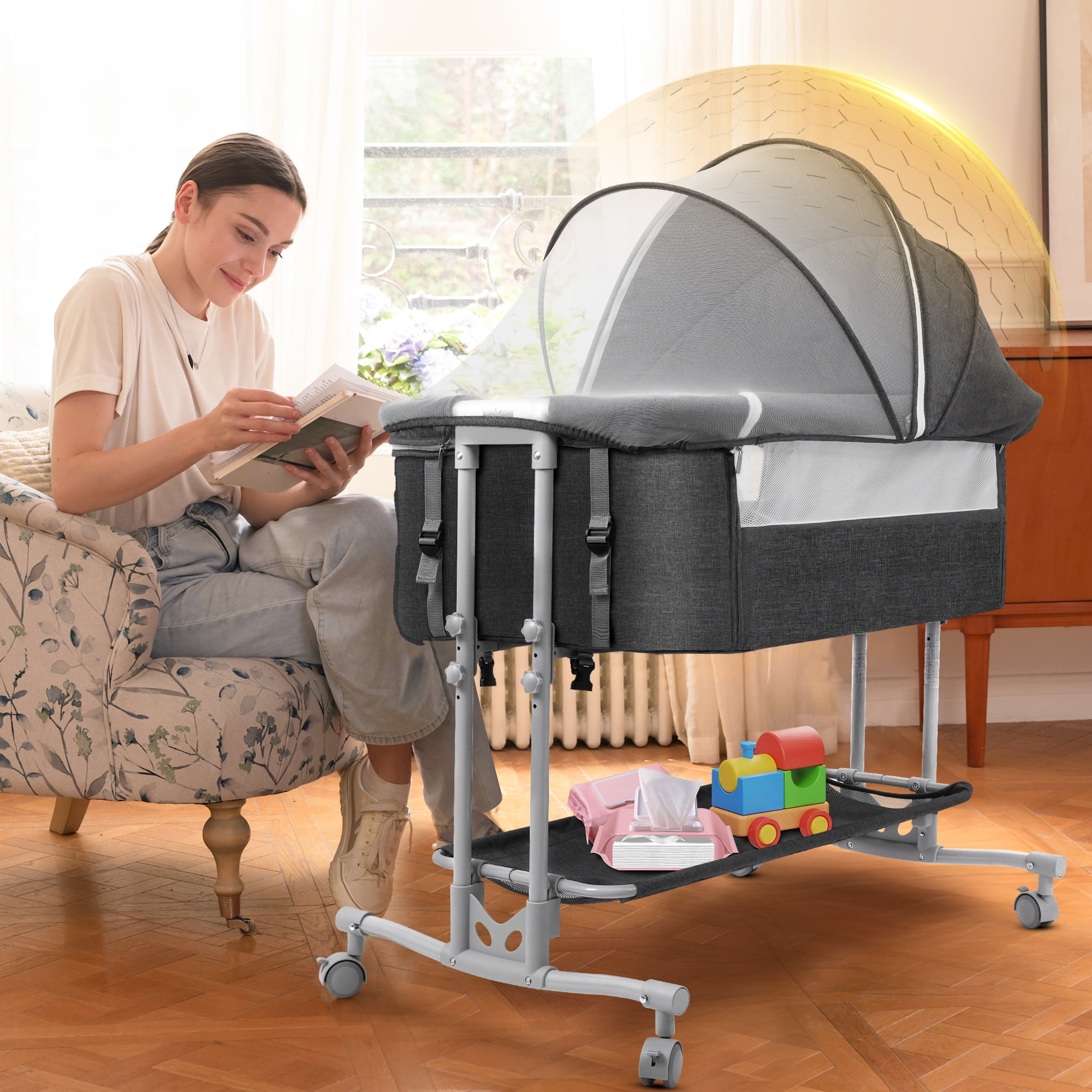 Babyeap Baby Bassinet Bedside Sleeper Bassinet for 0–5 Months Infants, Unisex, Dark Gray
