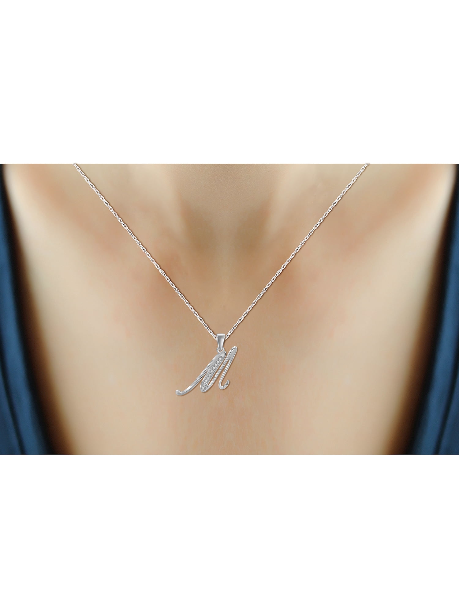 JewelersClub Accent White Diamond Initial Letter Pendant Necklace for Women | Customizable Sterling Silver M Alphabet Monogram Necklaces for Girls |Cursive Letters | Personalized Jewelry Gift for Her