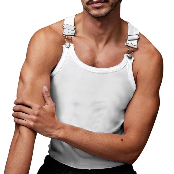 YLSDY Men's Ribbed Tank Top with Clip Suspenders, Retro Style Sleeveless Undershirt for Streetwear White Free Size