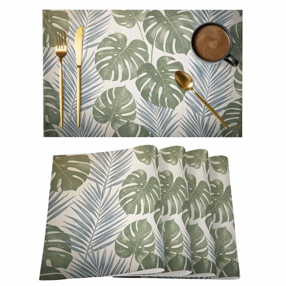 Gray Green Leaves Placemats Set of 8, Summer Plant Monstera Deliciosa Palm Leaves Non-Slip Place Mats Washable Table Mats for Kitchen Dining Table Decorations Indoor/Outdoor