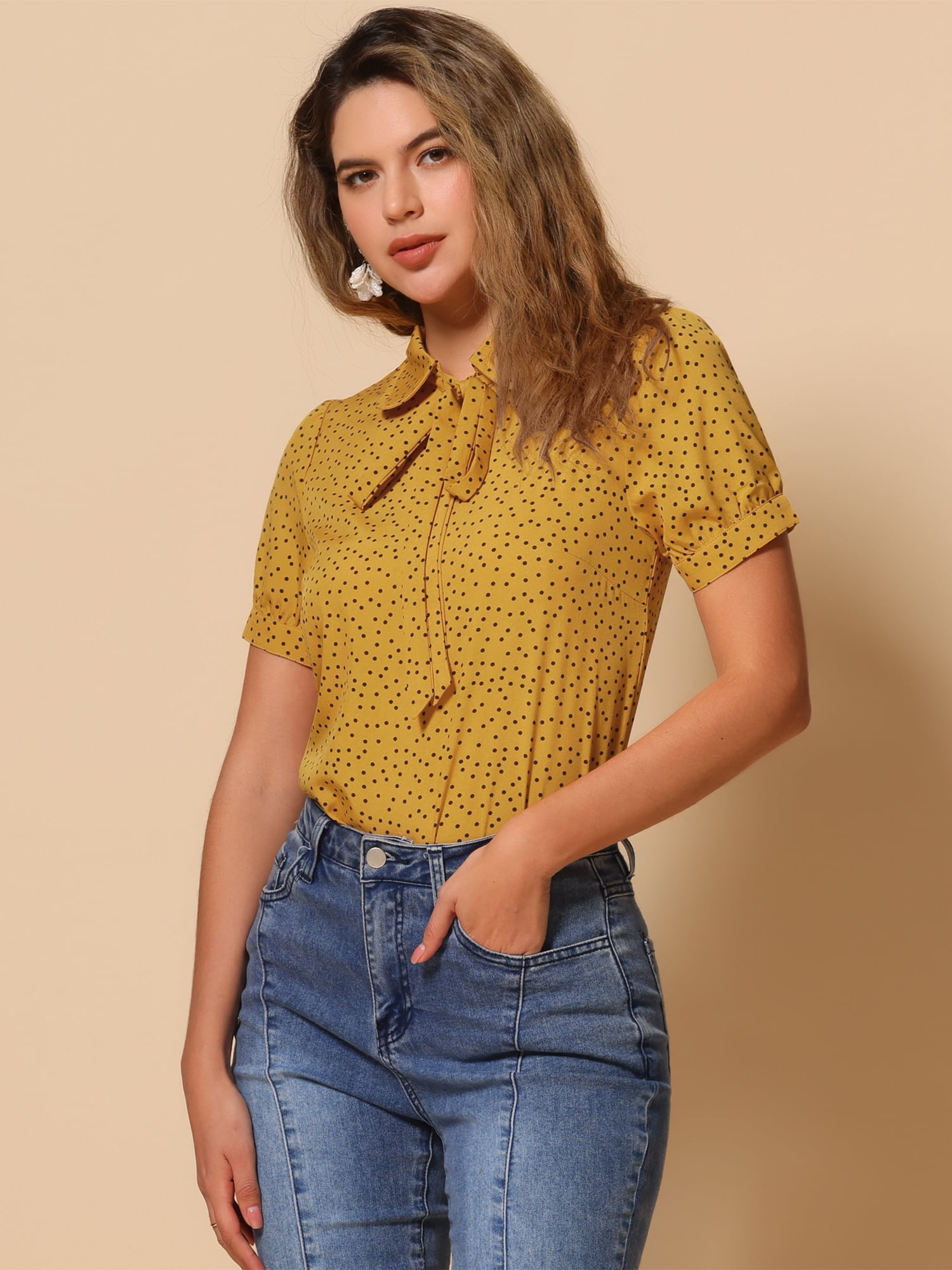 DARING DIVA Tie Bow Peter Pan Collar Chiffon Blouses S Yellow