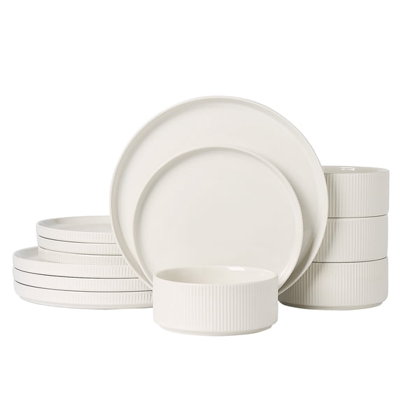 ALOFMO Stoneware Dinnerware Sets, Plates and Bowls Sets, Dish Set for 4, 12 Piece Dinner Set, Plate Sets for Kitchen, White