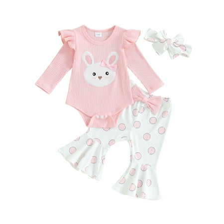 

Caitzr ewborn Baby Girl Easter Outfit Long Sleeve Ribbed Romper Shirts Bunny Floral Flared Pants Headband Set