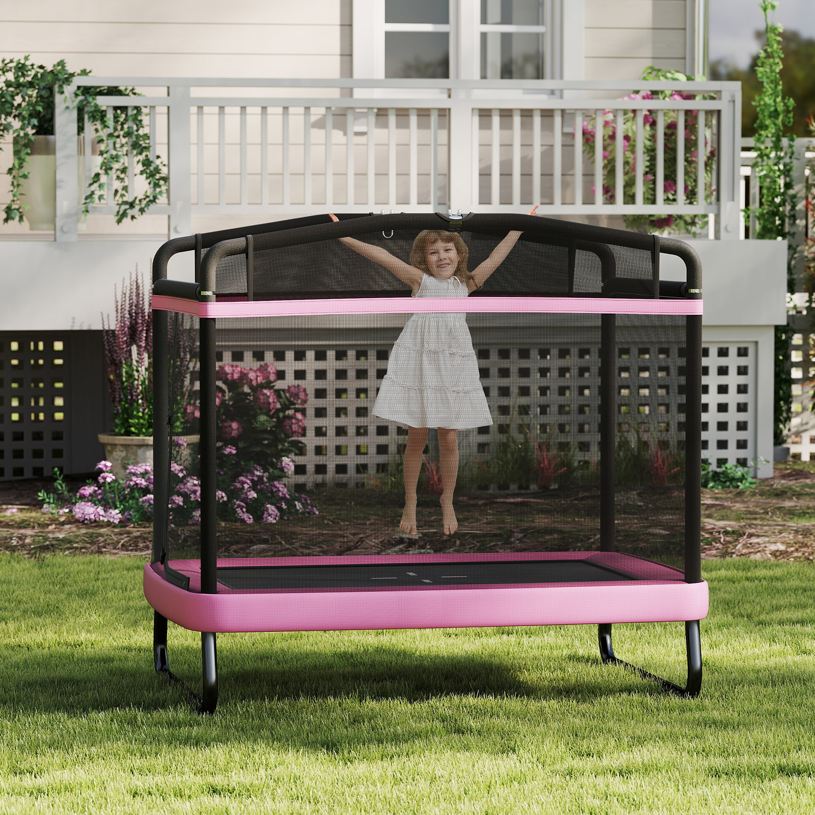 Topbuy 6 x 4 FT Rectangle Kids Trampoline Indoor Outdoor Recreational Trampoline with Swing Pink