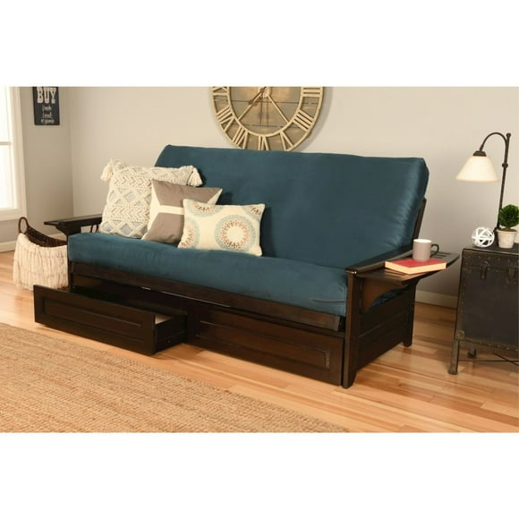 Phoenix Frame Queen-Butternut Finish-Suede Navy Mattress-Storage Drawers
