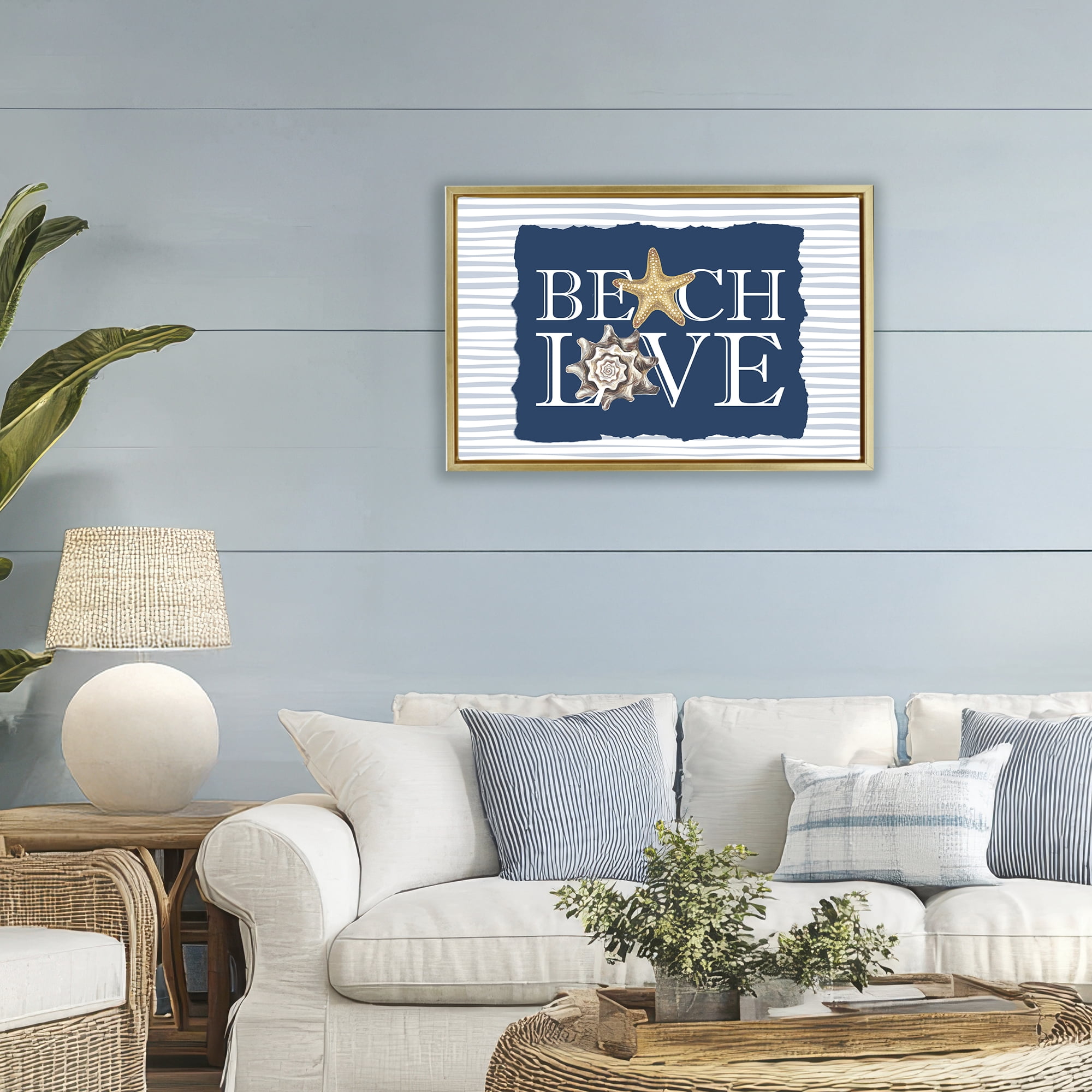 Stupell Industries Beach Love Seashells Gold Framed Floater Canvas Wall Art, design by Kim Allen