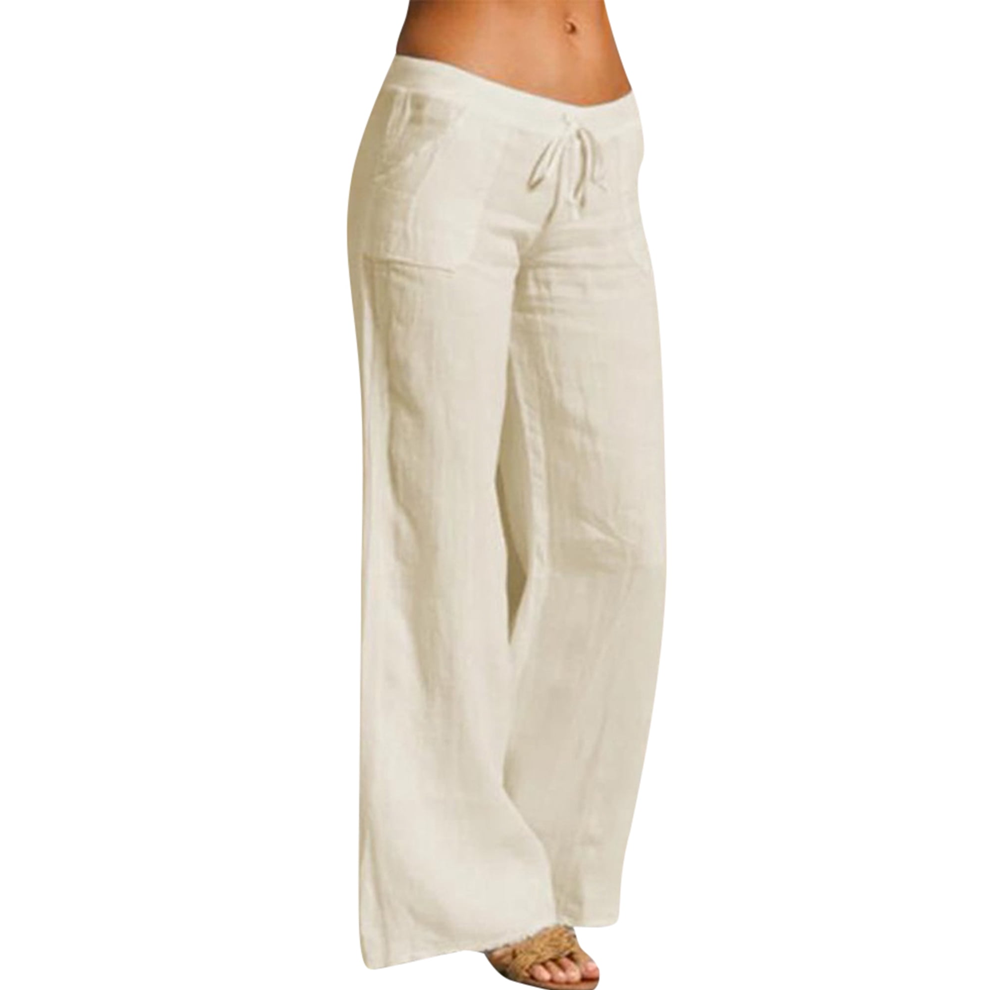 Bellella Ladies Sports Pants Solid Color Trousers Pockets Flare Pant Comfy Drawstring Women Beige M