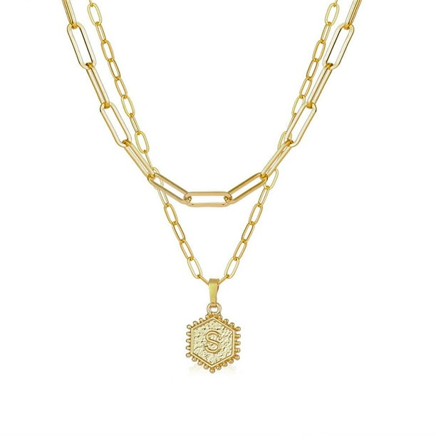 Collar para mujer, joyería para mujer, collar de cadena chapado en oro para mujer, colgante de letra hexagonal, collar de capas, anillo de mujer