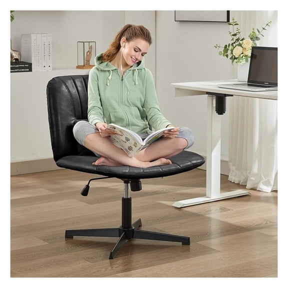 Criss Cross Chair, Armless Cross Legged Office Desk Chair No Wheels, Wide Seat Vanity Chair, Modern Swivel Adjustable Height Back Computer Task PU Leather (Black)