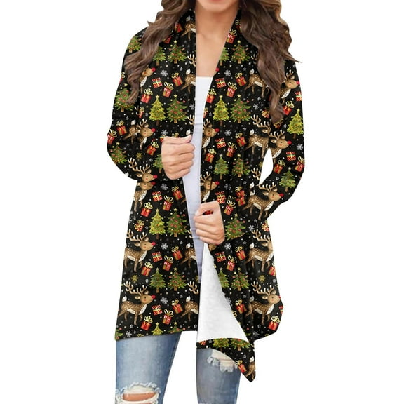 Christmas Cardigan for Women Long Cute Printed Open Front Long Sweaters Holiday Party Long Sleeve Soft Shirts Winter Xmas Outfit Tops S-5Xl
