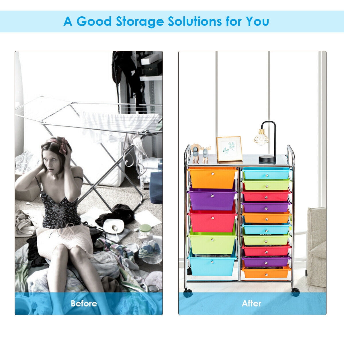 Gymax 15 Drawer Opaque Rolling Storage Cart Multi-color Drawers Home
