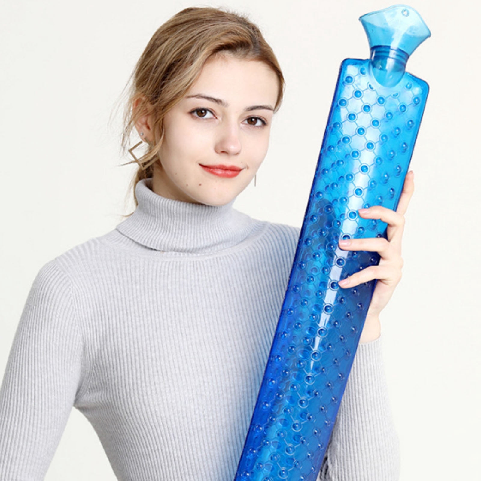 Yajisi Large Hot Water Bottle Explosion Proof Water Filled PVC Bag for Winter Warm Hands Feet Blue Cloth Cover 16 inches / 40.6 cm Reusable Therapy Pack 28.9 oz / 820 g