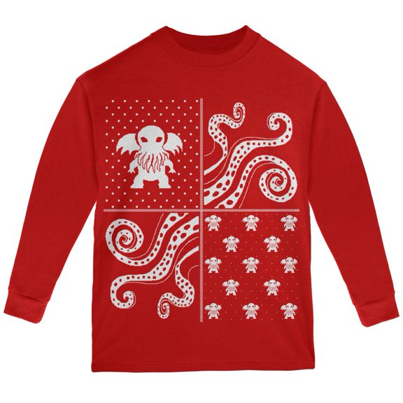 Cthulhu Lovecraft Dimensions Ugly XMAS Sweater Red Youth Long Sleeve T-Shirt - Youth X-Large